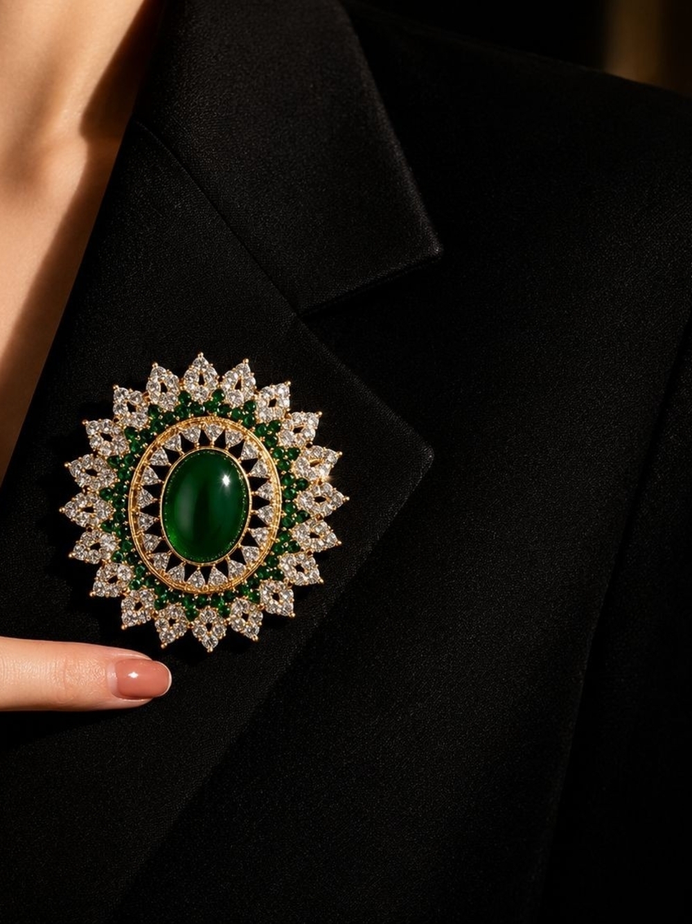 Gold-Tone Emerald Green Sunburst Brooch